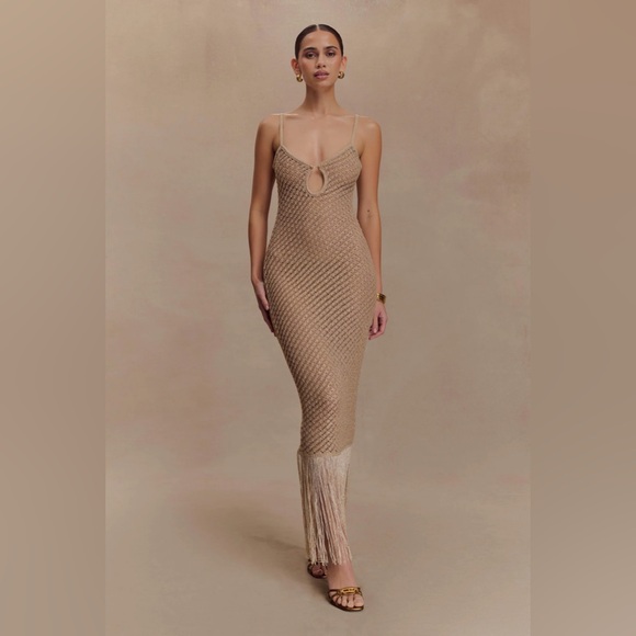 MESHKI Raelynn Metallic Knit Fringe Midi Dress - Gold (Size XS) - Picture 1 of 8
